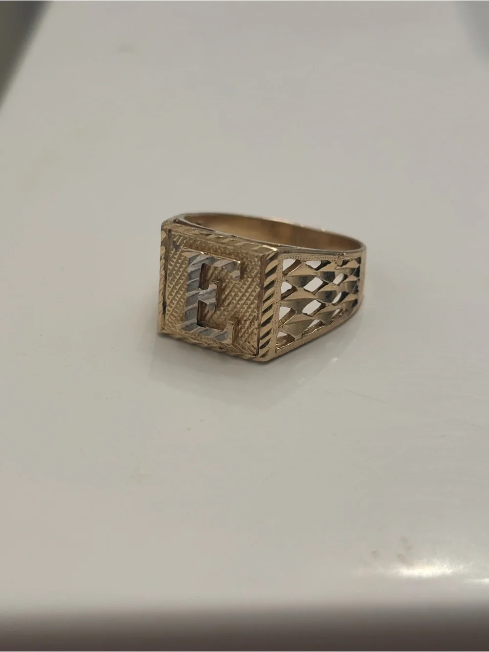Men's Gold Initial 'E' Signet Ring - Classic Textured Design